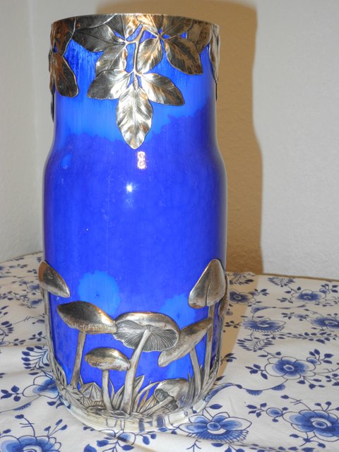 Blue Crystalline Glaze Vase with Muschroom Silver Mount